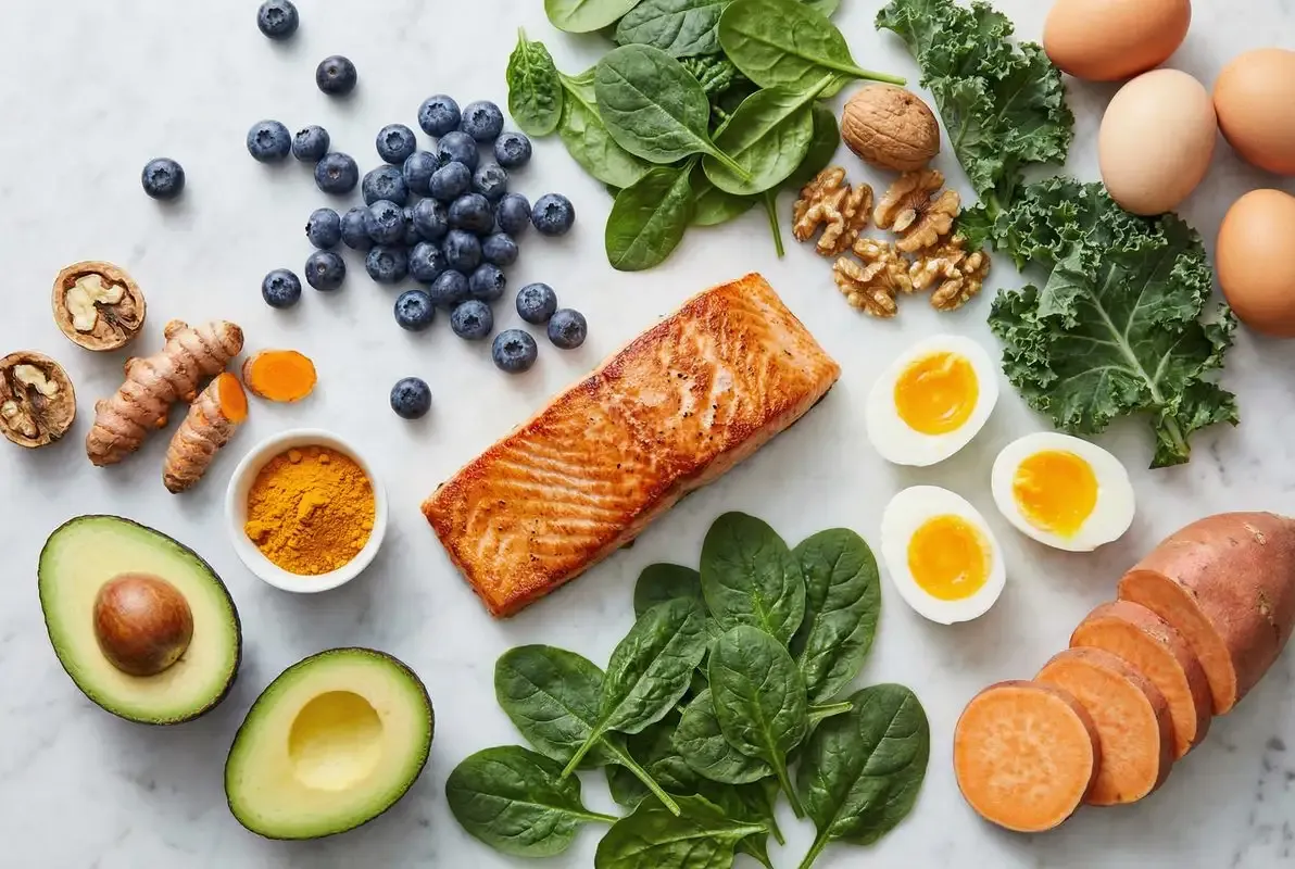 Overhead flat lay of nerve-supportive whole foods on a marble surface: salmon, blueberries, walnuts, kale, spinach, turmeric, eggs, avocado, and sweet potato