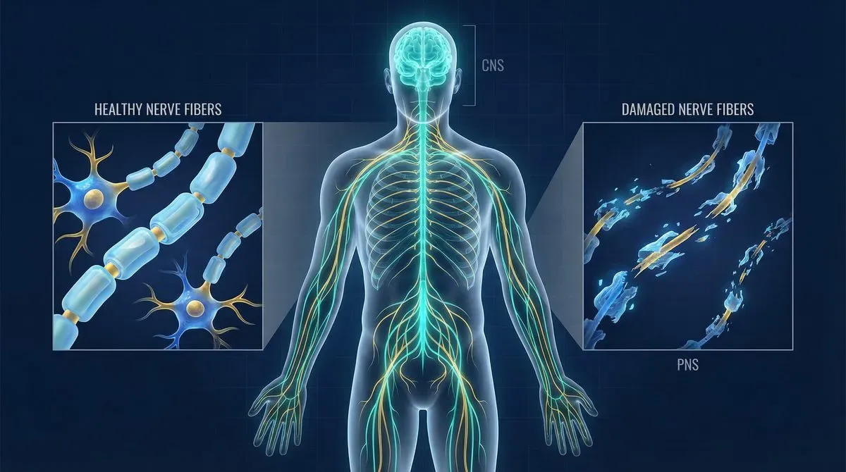 Educational diagram of the human nervous system showing the central and peripheral nervous systems, with insets comparing healthy nerve fibers and damaged nerve fibers