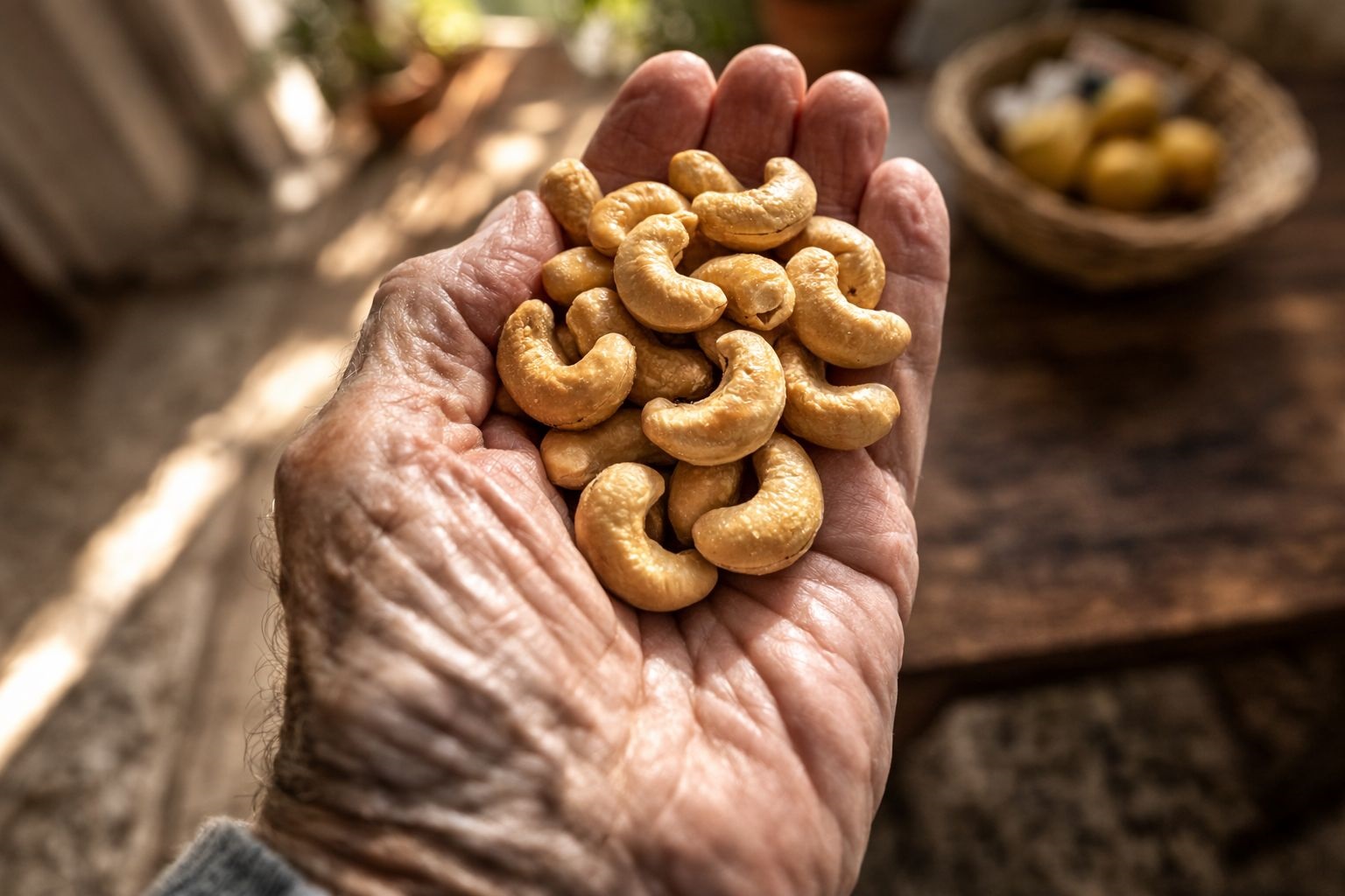 Hand holding a generous portion of whole cashews and tree nuts
